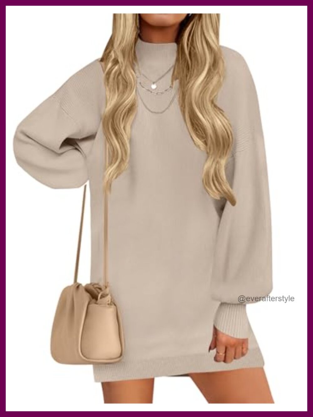 Mock Neck Knit Sweater Dress Mini Lantern Sleeve Slouchy